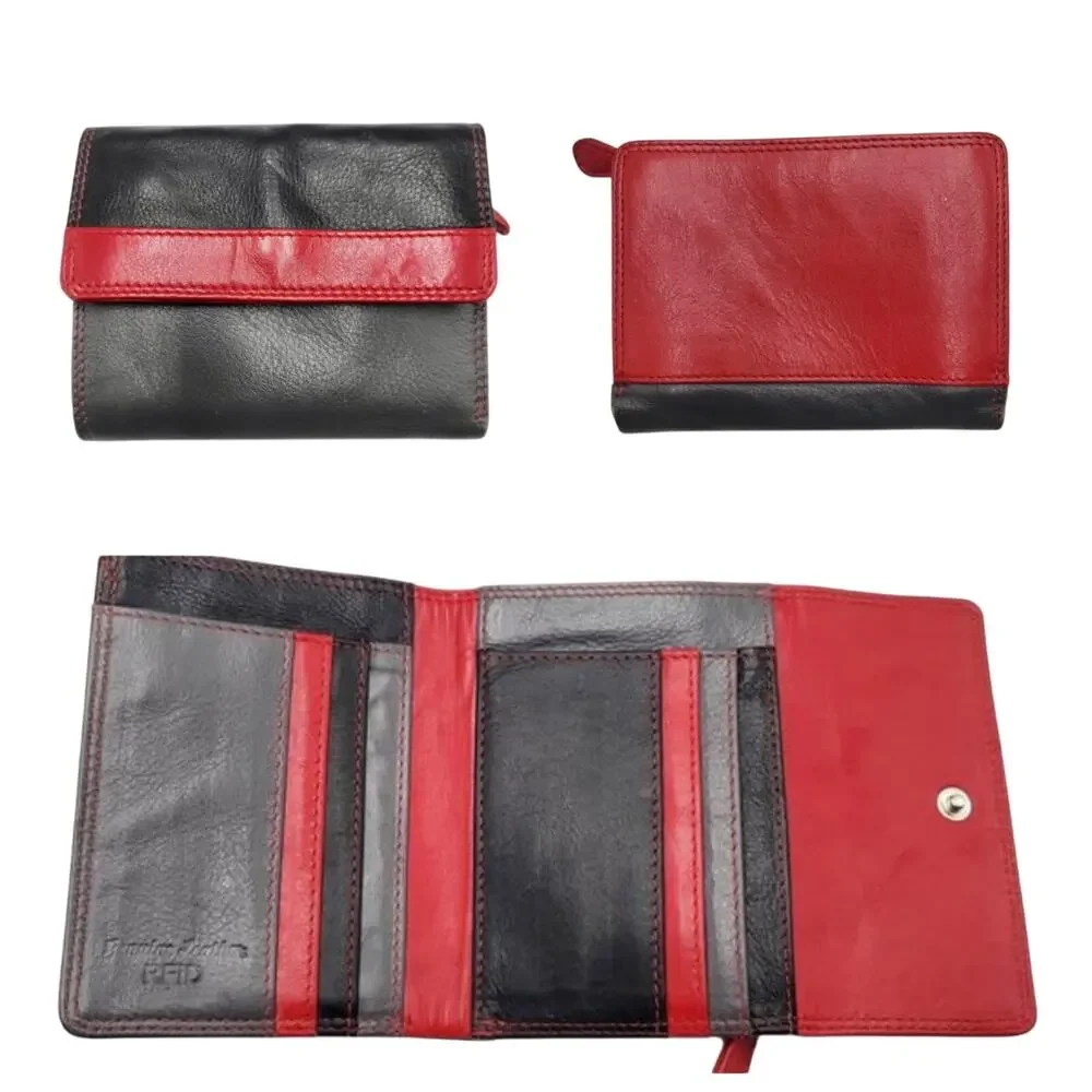Red Gray & Black Colorblock Genuine Leather RFID Protection Tri-Fold Wallet